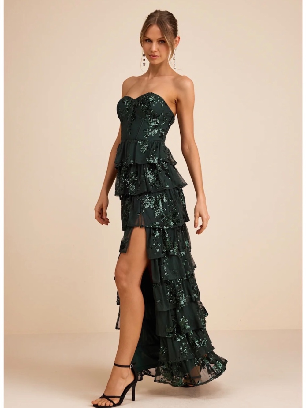 NWT Lulus Definite Glamour Emerald Sequin Strapless Bustier Maxi Dress M - Picture 2 of 5